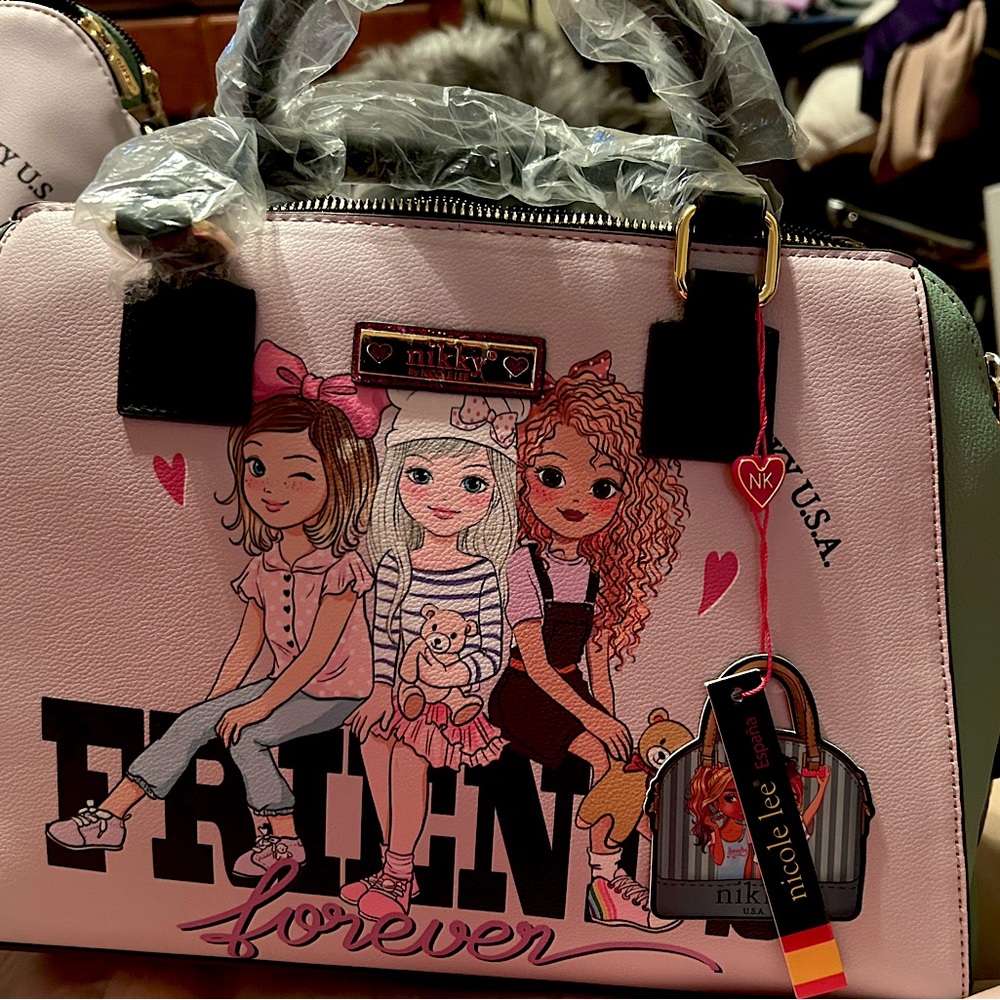 Nicole Lee Pink and Green Satchel with Playful Design